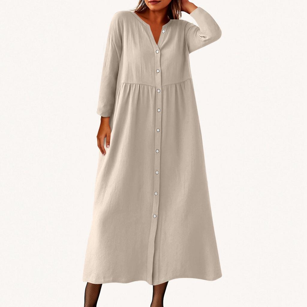 Women's Fashionable Color Round Neck Seven Quarter Sleeve Button Loose Shirt Dress
