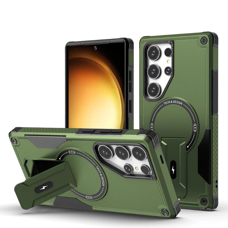 Luxuriöses Cool Mecha für Magsafe, magnetische, unsichtbare Standhülle für Samsung Galaxy S25, S24 Ultra Plus, kabellose Ladetelefonhülle