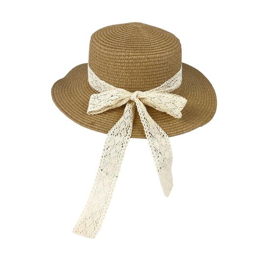 Sun Hat Lace Bow Decor Flat Top Wide Brim Straw Hat Hand-Woven Sunproof