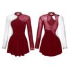 Womens Sparkly Rhinestone Figure Skating Dance Dress Contrast Color Sheer Mesh Patchwork Long Sleeve Mock Neck Dresses