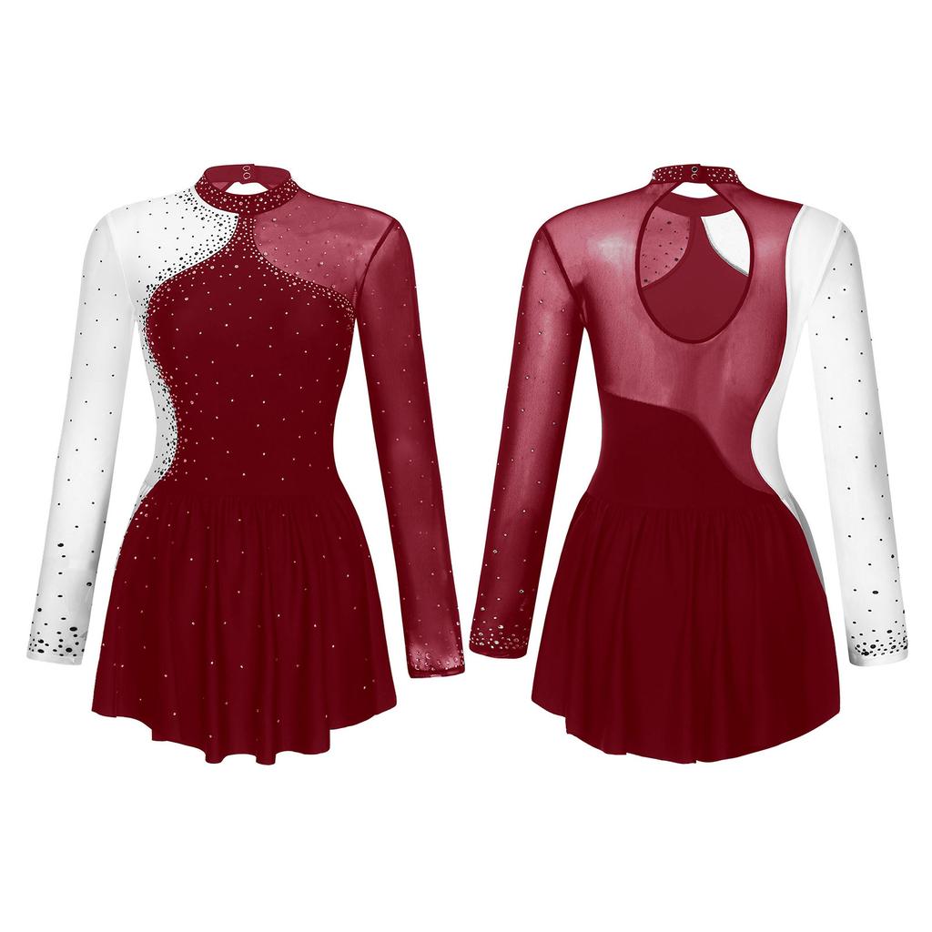 Womens Sparkly Rhinestone Figure Skating Dance Dress Contrast Color Sheer Mesh Patchwork Long Sleeve Mock Neck Dresses