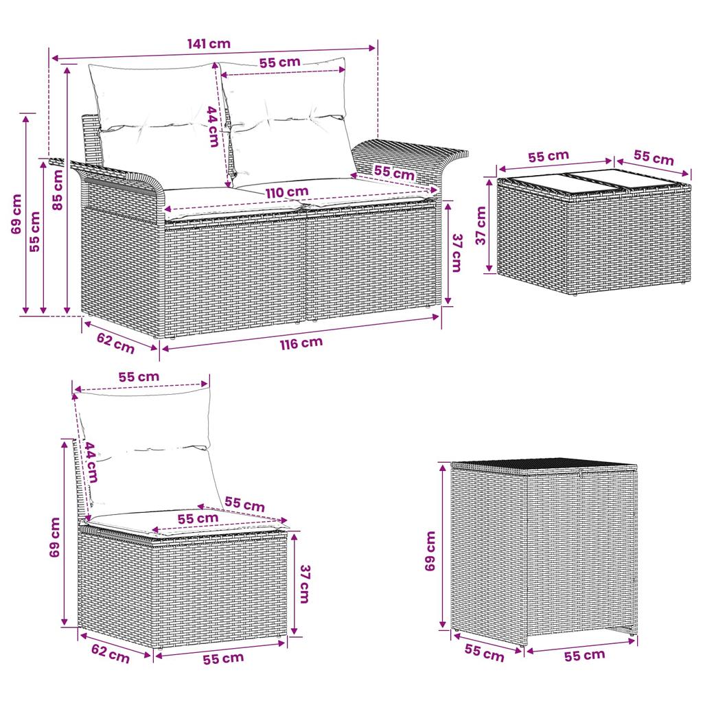 Sofa Set 8 Pcs Brown and Cream White Poly Rattan and Steel