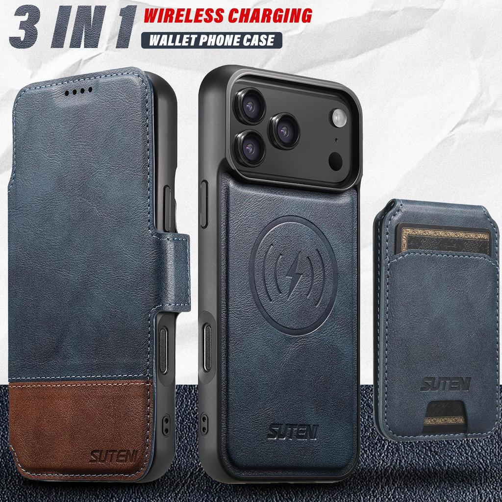 Skórzane etui z klapką iPhone 17 Pro Max z przegródką na karty, zamknięciem magnetycznym i podstawką do ładowania bezprzewodowego