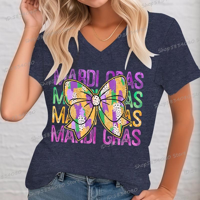 Fashion Women MardiGras TShirt Vintage New Orleans Carnival Bow Shirt V Neck Short Sleeve Festival Party Tops Mardi Gras Tees