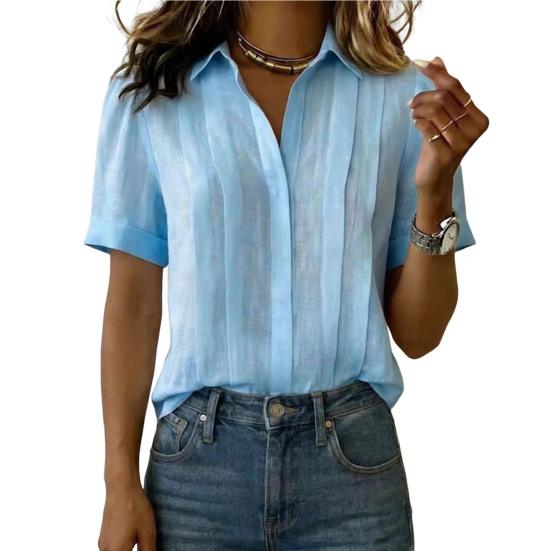 Women Tops Lapel Short Sleeve Buttons Placket Shirt Tops Pure Color Loose Fit Casual Style Shirt Home Dates Versatile