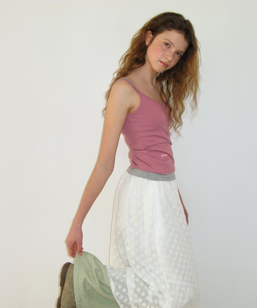 Ronron Sheer Pattern String Long Skirt Clover White