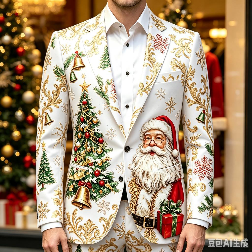 Giacca da Uomo Business Casual con Stampa Natalizia a Manica Lunga con Bavero Senza Cravatta