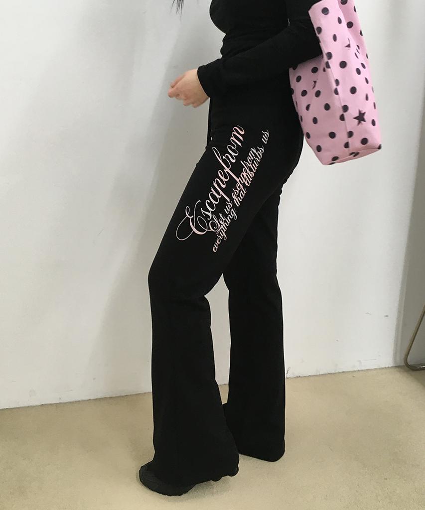 ESCAPEFROM Flower Lettering Print Bootcut Sweatpants Black