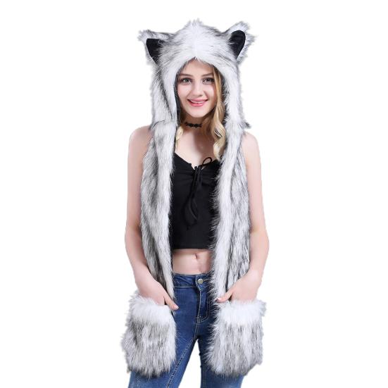 Hoods Hat Fur Hood Scarf Fluffy Animal Factor Comfortable Full Scarves Pockets Ear Flat Cap for Winter