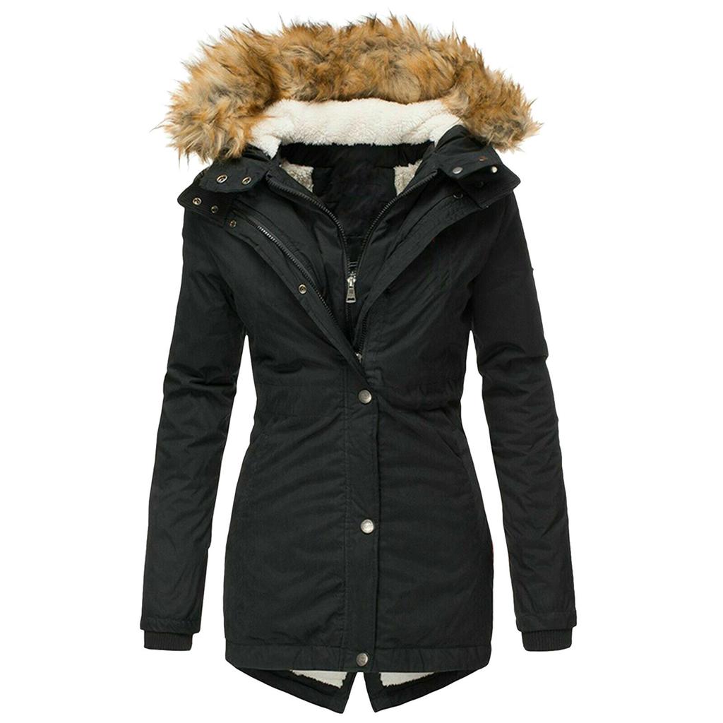 Women's Winter Warm Fur Collar Zipper Long Sleeve Slim Fit Hooded Jacket