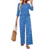 Women's Casual Leopard Print Two-Piece Set - Round Neck Loose Fit 3/4 Sleeve Top and Long Pants