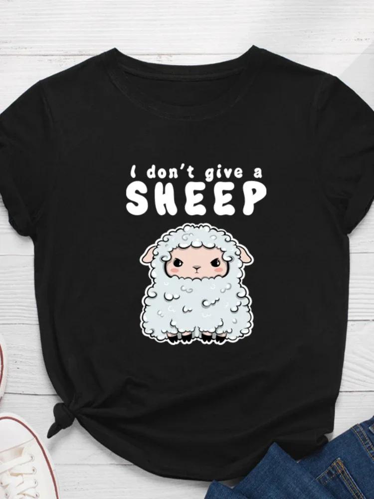 Je M'en Fous Imprimé Mouton T-Shirt Femme Manches Courtes Col O Ample T-Shirt Femme Hauts Vêtements Camisetas Mujer