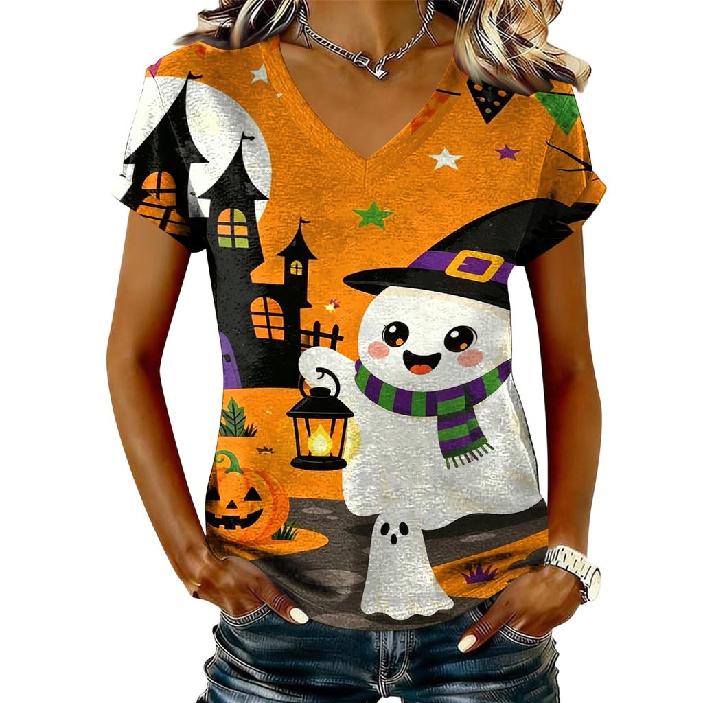 Dámské tričko s V-výstřihem a krátkým rukávem, ležérní svetr s halloweenským potiskem