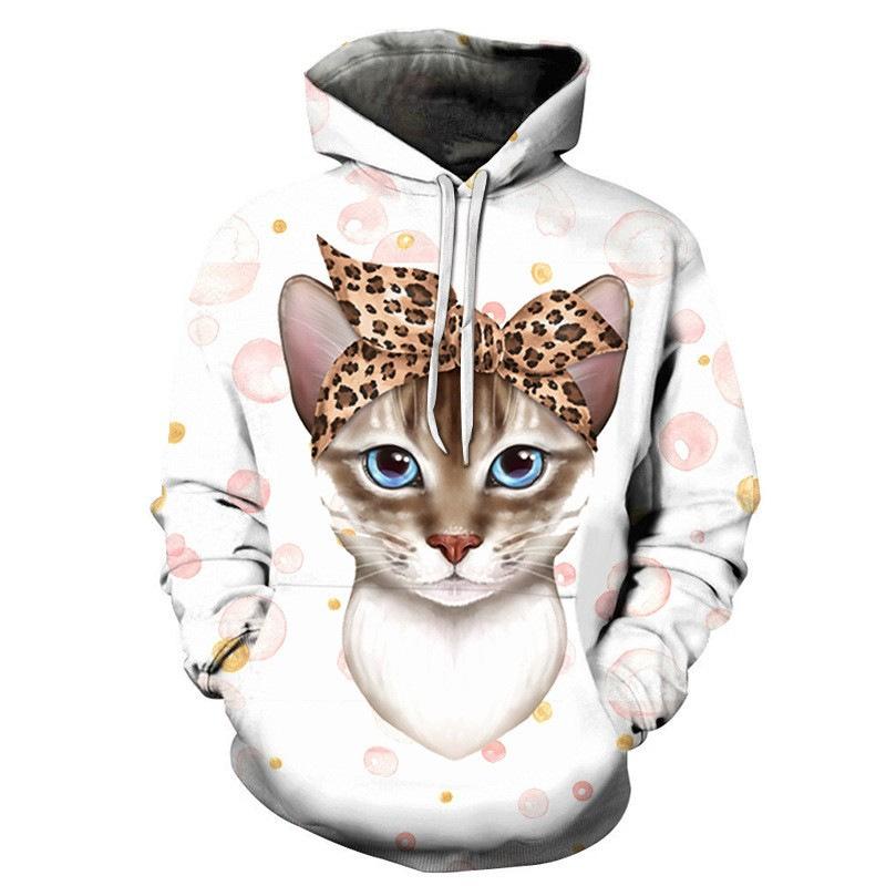 Felpa con Cappuccio Manica Lunga Autunno Inverno Serie Gatto Carino Stampa Digitale 3D Felpe Casual Larghe da Uomo