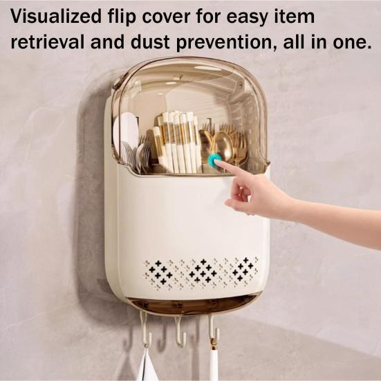 Kitchen Shelf Wall-Mounted Compartment Organizer with Dustproof Clear Cover And Drain Tray Drying Rack for Tableware