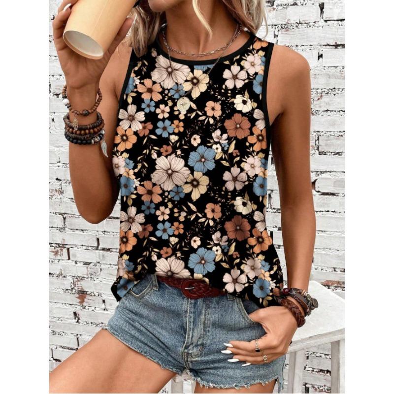 Women's Tank Top Printed Loose Casual Summer Top with A Round Neck and Sleeveless T-shirt