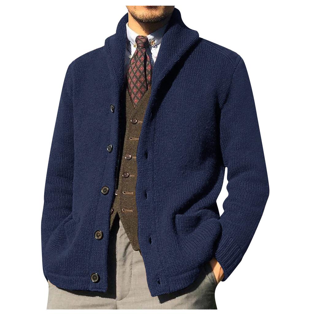 Men Shawl Collar Button Down Cardigan Sweater Classic Knitwear with Pockets Business Casual Versatile Outerwear for Fall Winter