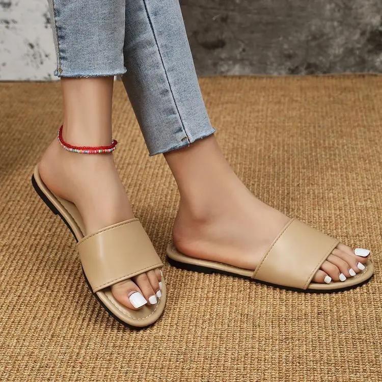 Summer Women Slippers Leather Square Toe Women Flats Flip Flops Designer Ladies Slides Sandals Women Shoes Luxury Sandals