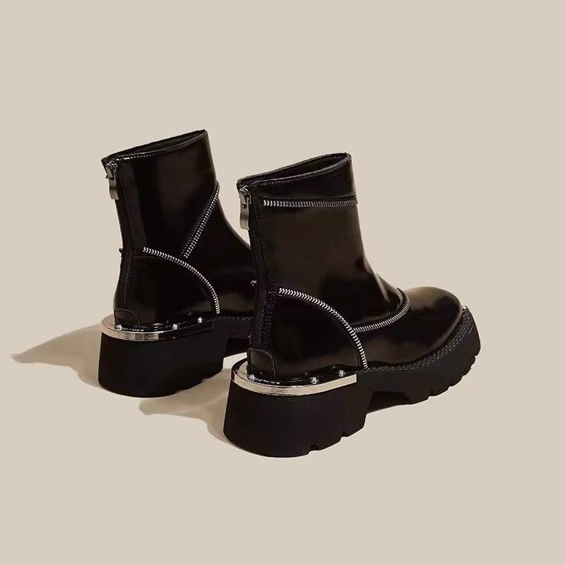Square Heel Spring/autumn Modern Boots Round Toe Low Heel Ladies Shoes High Quality Solid Zipper Punk Women's Boots