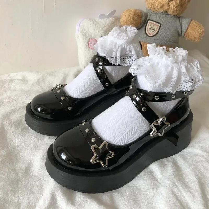 Fashion Lolita Shoes Women Platform Pumps Star Buckle Strap Mary Janes Lady Cosplay Gothic Shoes Rivet Lighted Hollow Girl Leather Shoes