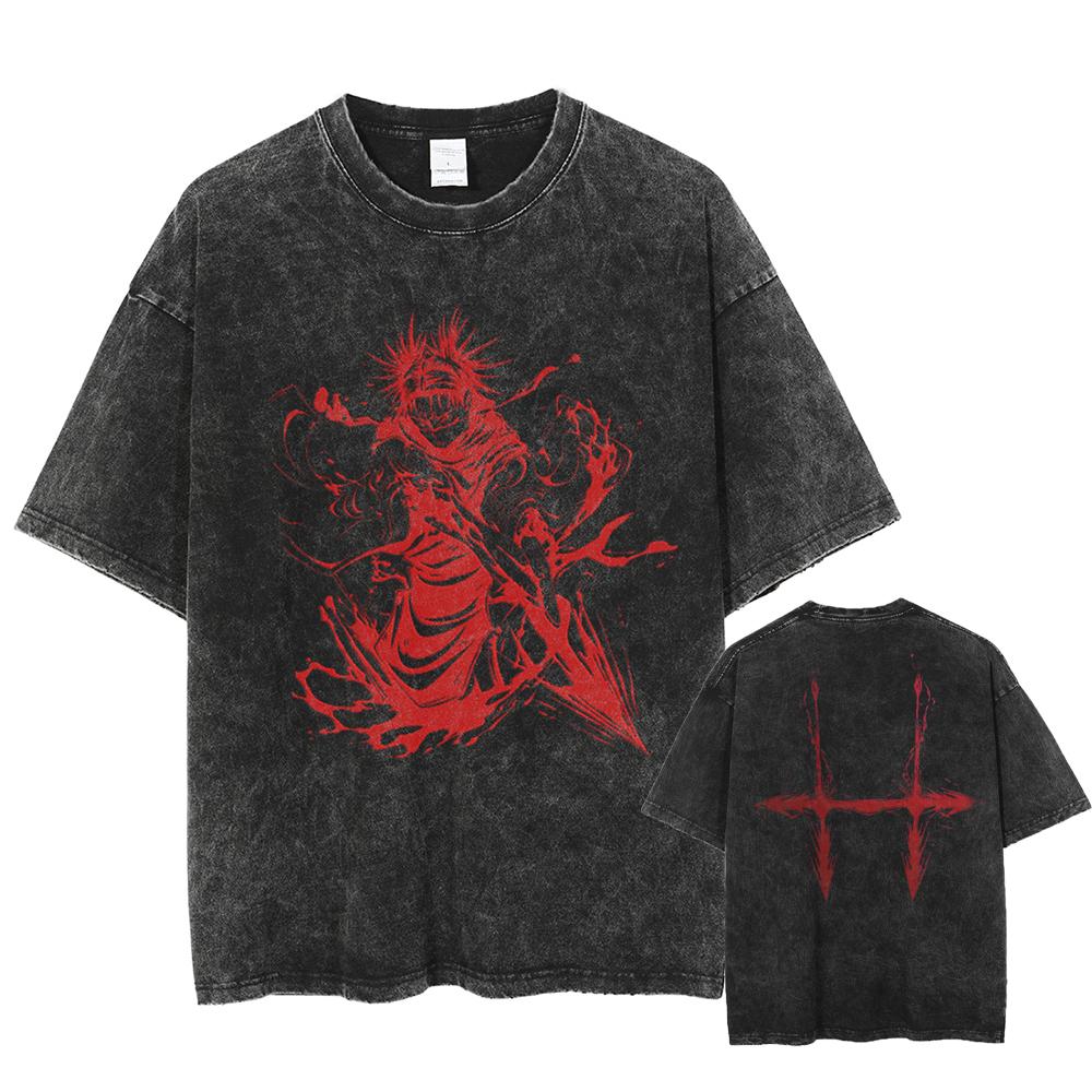 Spellbound Versus Battle Short-Sleeved Cartoon Print Washed New Men's T-Shirt Men's Style Patterned T-Shirt