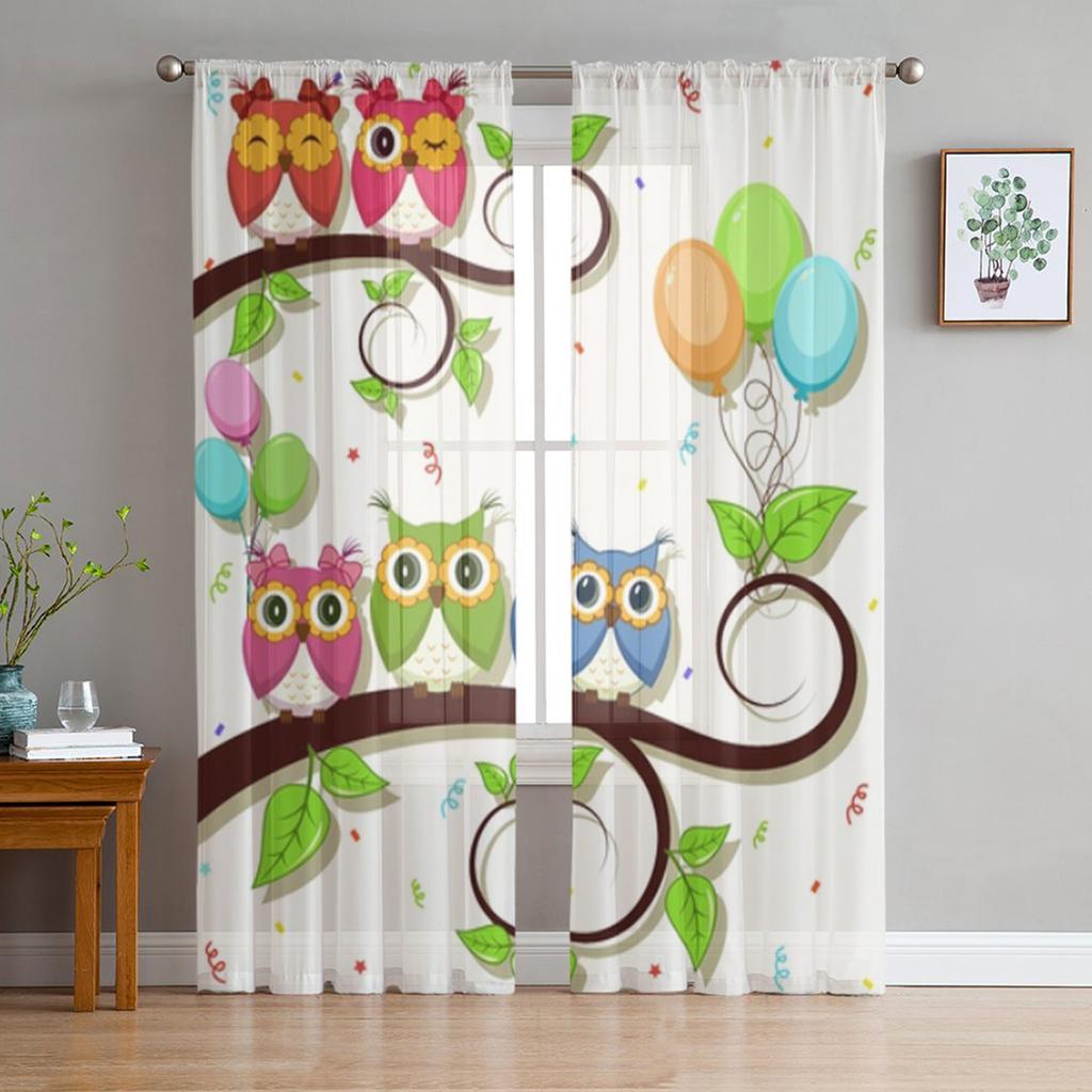 Draperii drăguțe cu ramură de bufniță din desene animate cu balon, perdele transparente pentru sufragerie, dormitor, perdele din tul, tratamente pentru ferestre de bucătărie, draperii cu panouri