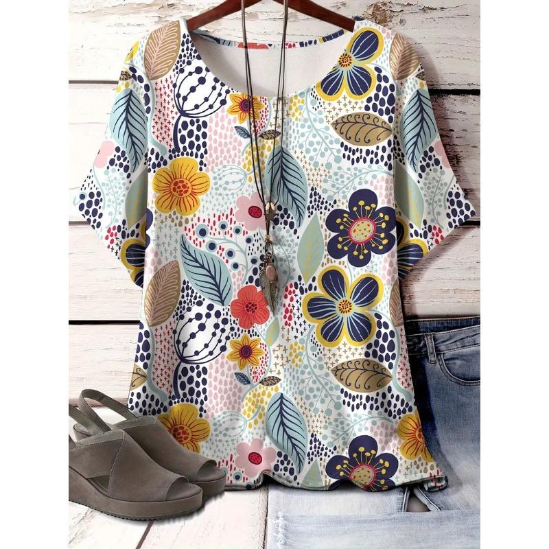 XL-7XL Plus Size Sommartoppar Dam 3D-tryckt Växt Blomma Kortärmad Dam T-shirt