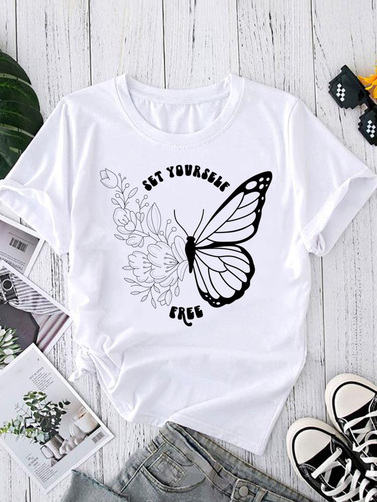 (Asian Size) Women's Top T Clothing feather trend cute Print Short Sleeve T-shirts Fashion Female Casual O-neck Graphic Tee