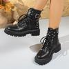 Thick-soled Rivet Martin Boots Women's Autumn and Winter New Large-size Round Head Lace-up Belt Buckle Short Boots