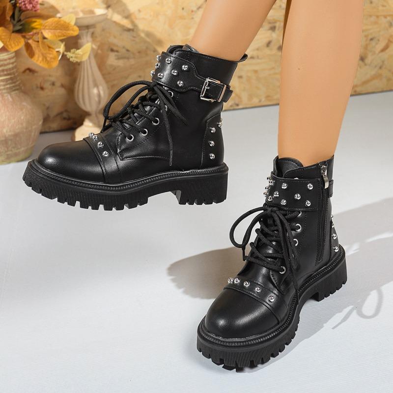 Thick-soled Rivet Martin Boots Women's Autumn and Winter New Large-size Round Head Lace-up Belt Buckle Short Boots
