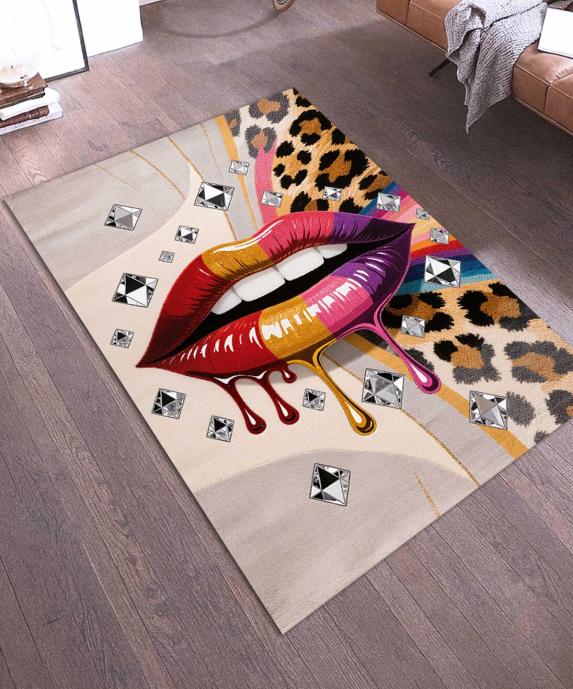 Covor Seria Inimă cu Imprimeu Leopard Covor Roșu Retro Punk cu Buze Covor cu Model Gura Sexy Creativ Decor Cameră Femei Covor de Podea