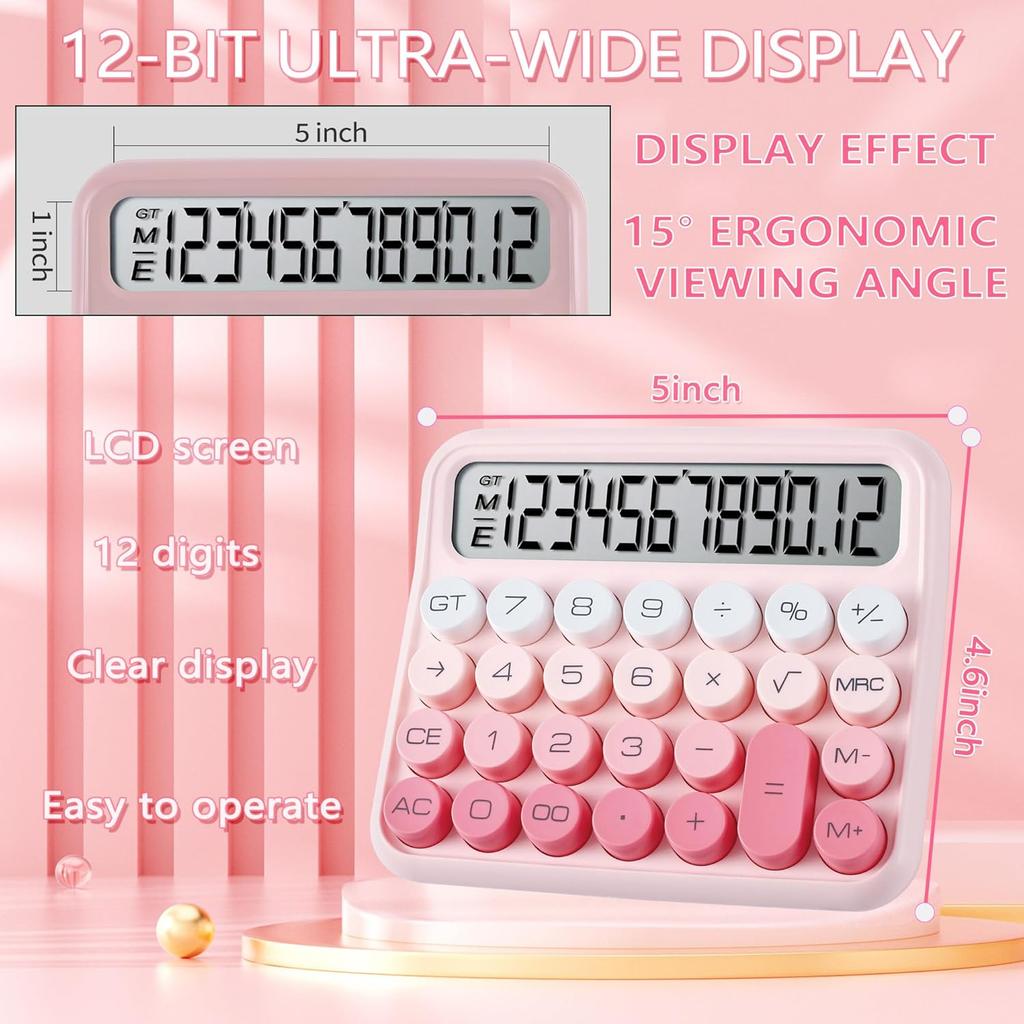 Mechanical Key Calculator 12  Digit LCD Display Calculator Off Calculator  Pink