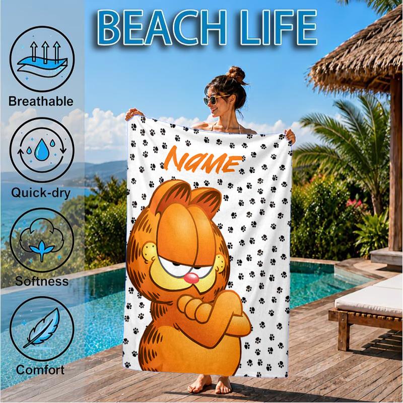 Custom Name Gar-field's Pawsome  Beach Towel Microfiber Beach Towel, Lightweight and Quick-Dry, for Summer Travel, Swimming Pool Gift