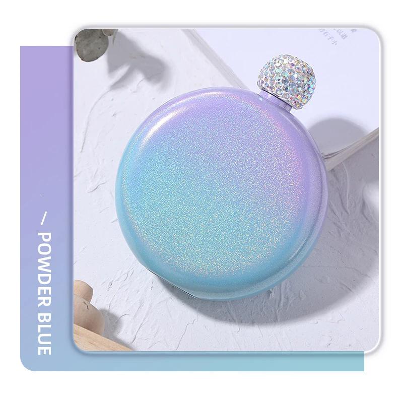 Double Wall Small Hip Flask Liquor Flasks Funny Crystal Flask Stainless Steel Portable Hip Flasks Crystal Lid Rainbowl Round