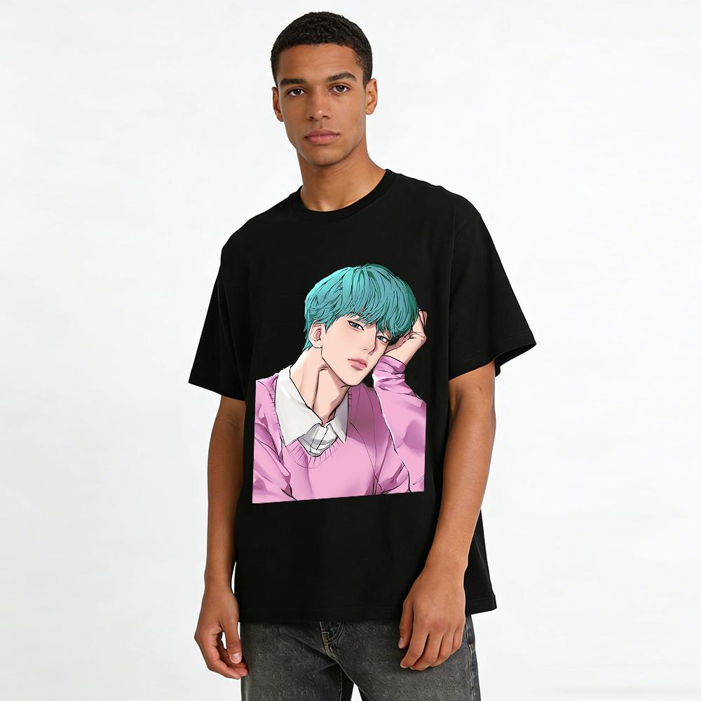 Korean Style Comic Blue-haired Handsome Guy Print Casual Top Loose Fit Crewneck Knitwear Pure Cotton T-shirt