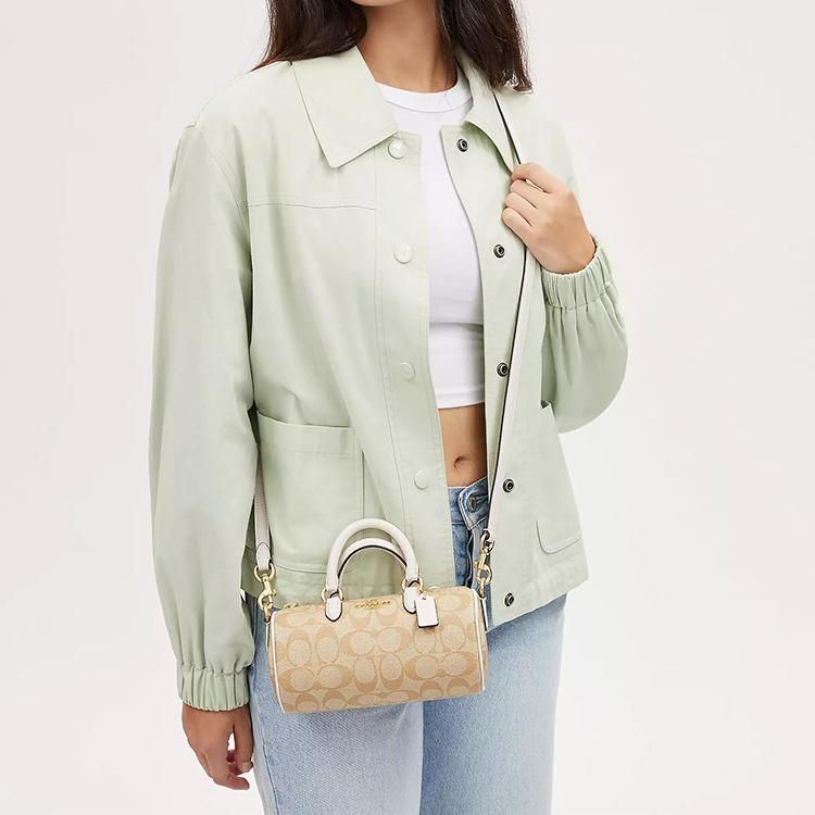 Coach Lacey Canvas With Leather Boston Bag, Handbag, Shoulder Bag, Crossbody Bag Small Womens Khaki