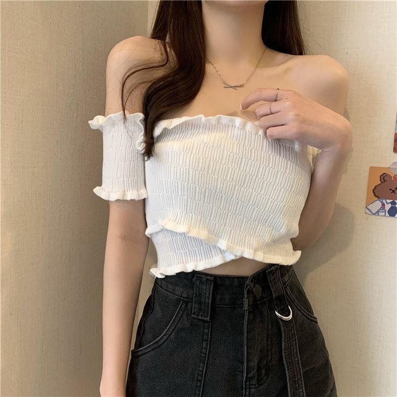 Off-the-shoulder Short-sleeved Knitted Thin Top for Women Korean-style Slim-fitting Short Pullover Undershirt In Summer