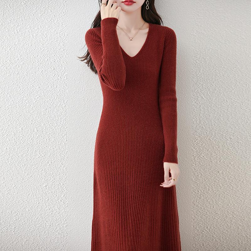 Women Sweater Dress 100% Wool MODERN NEW SAGA V-neck Knit Long Pullover Winter Jumpers Wool Long Dress Female