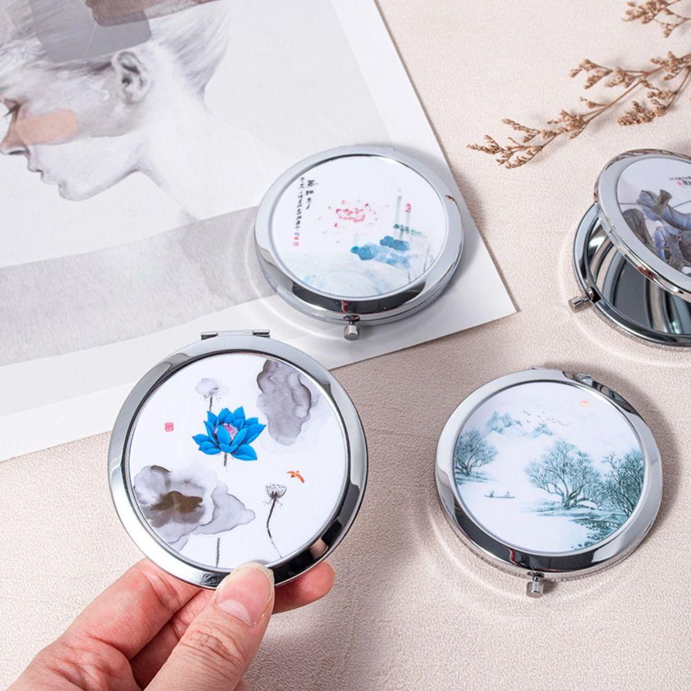 Makeup Mirror Metal Compact Mirror Chinese Ancient Style Pocket Size Portable Mirror Cute Folding Mini Mirror Students