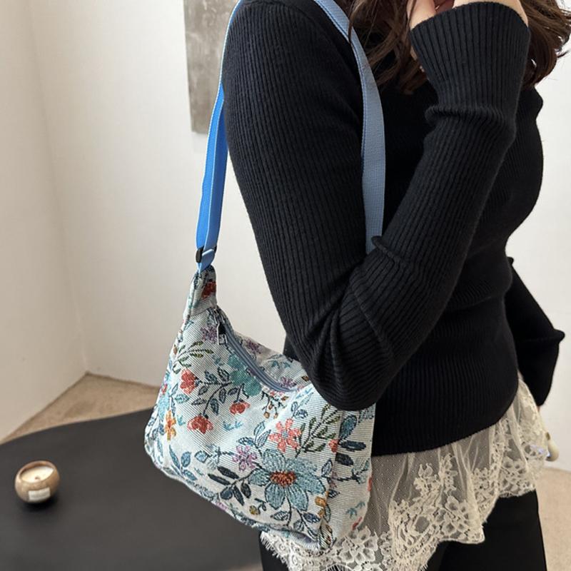 Vintage Floral Print Large Capacity Shoulder Bag with Adjustable Strap Stylish Women’s Mixed Colors Nylon Crossbody Bag AVE