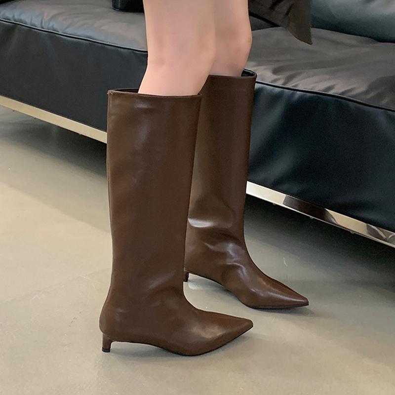 Mode Dames Hoge Knie Lengte Laarzen Designer Mode Puntige Leren Schoenen Nieuwe Trend Lopen Jurk Elegant Motorfiets Botas Mujer
