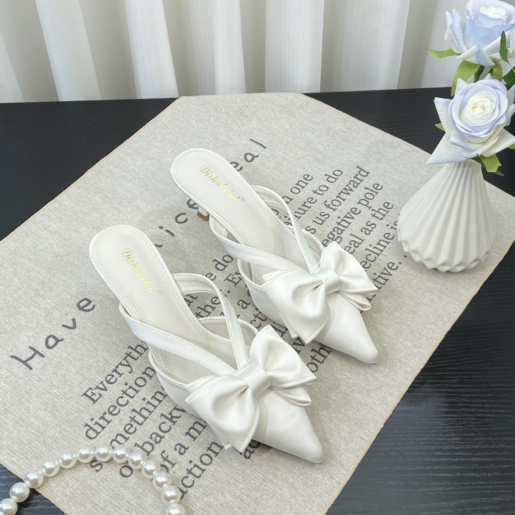 Fairy Wind Pink Sandals Spring and Summer 2024 French Pointed Bow Hollow High Heel Half Bag Head Slippers
