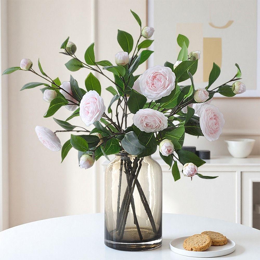 Creative Multicolor Camellia Artificial Flower Green Leavees Photo Props Simulation Flower Silk Petal Floral Arrangement Party
