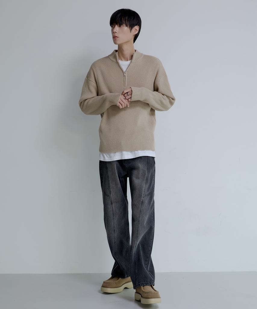NODU Quarter Half Zip Ribbed Knit [Beige]