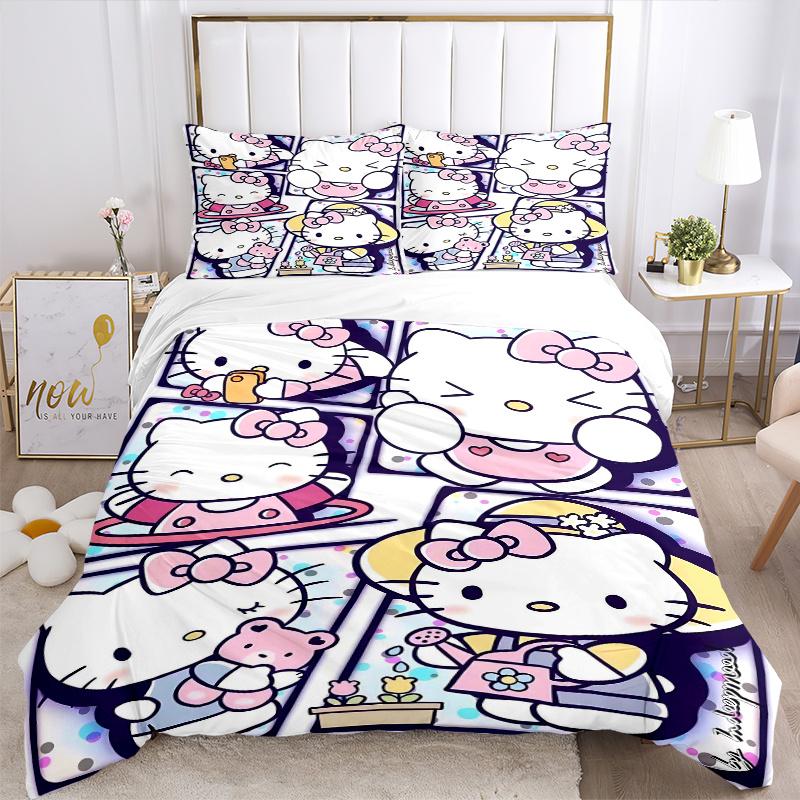 3pcs Hello Kitty's Cute Moments Bedding Set Includes Quilt Cover and Pillowcases, Suitable for All Seasons, Machine Washable Ideal Gift S043