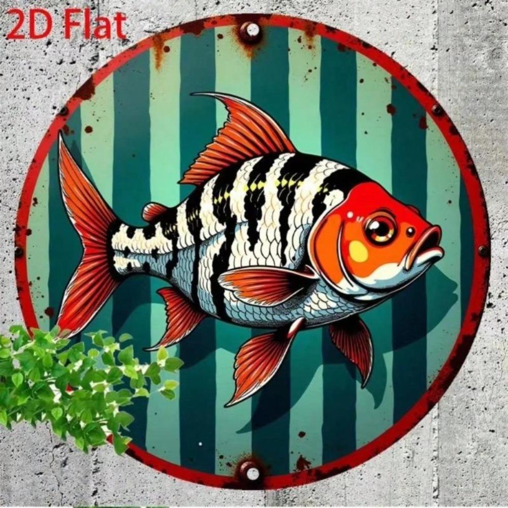 Vintage Flat Fish Metal Wall Art Green Blue Stripes Black White Trim Country Cottage Kitchen Decor