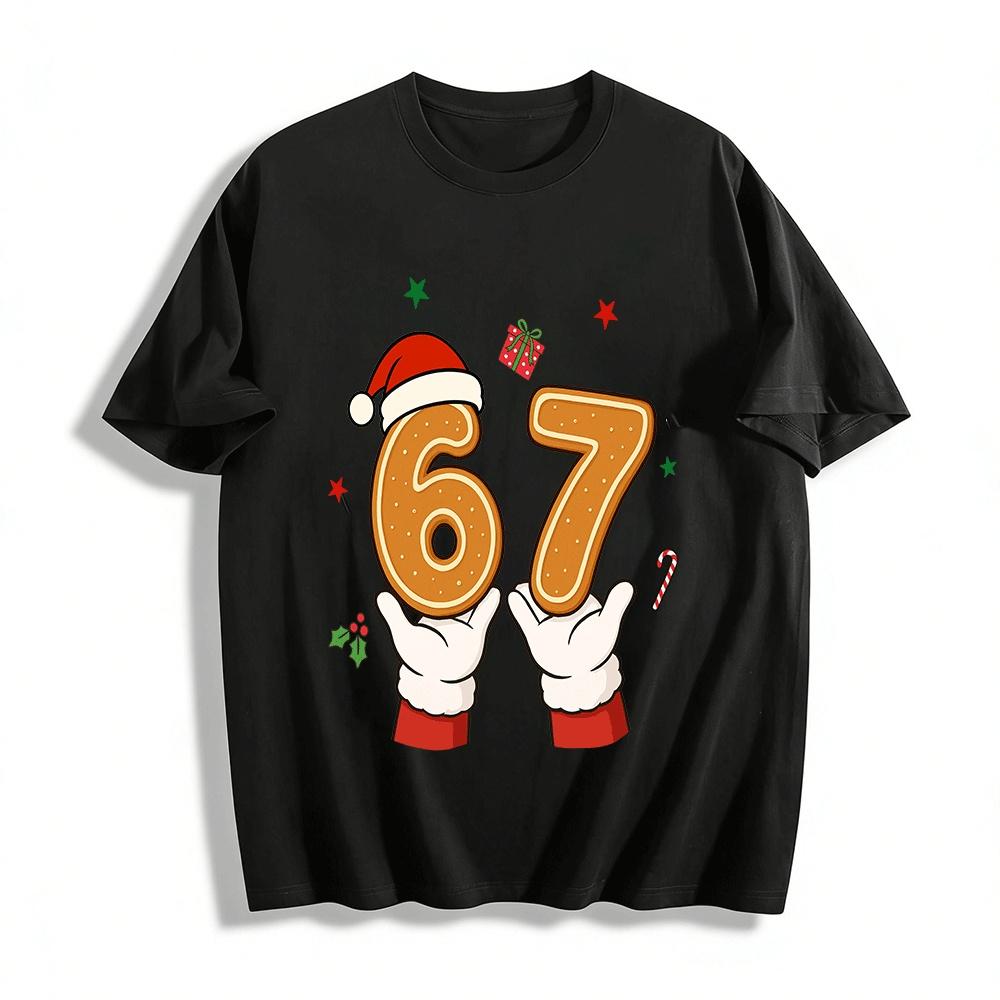 Christmas Gingerbread Number 67 Santa Gloves Graphic Casual Top Pure Cotton T-shirt