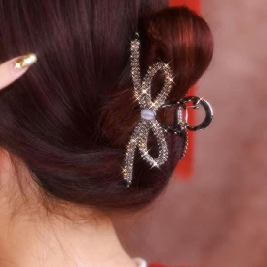 Women Hair Grip Bow Shape Shiny Rhienstone Hollow Out Strong Claw Anti-slip Hair Organization Decoration Exquisite Lady Hair Clamp Hair Claw