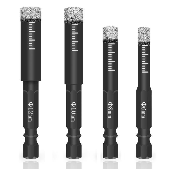 Lot de 4 forets diamantés hexagonaux 6/8/10/12 mm pour carrelage, verre et pierre - tige 6,35 mm