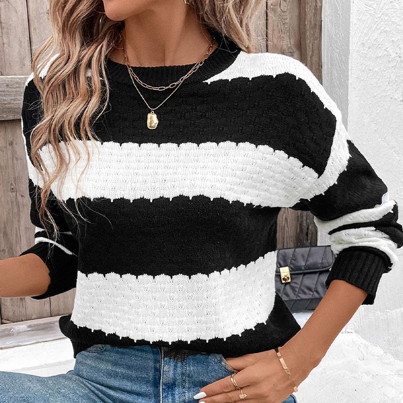 Mode Vintage Élégant Décontracté Automne Pull Tricot Col Rond Manches Longues Noir et Blanc Colorblock Pull Tricot